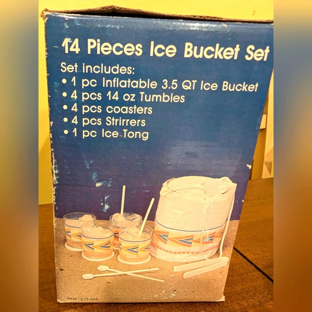 14 Piece Vintage Inflatable Ice Bucket Set New In Box From Revco Drug